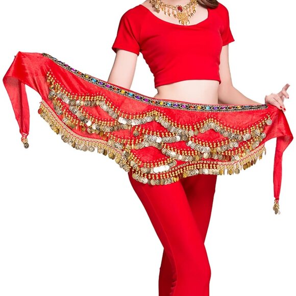 Women's Triangular Belly Dance Hip Scarf Wrap Dark Red Skirts with Gold Coins - Picture 4 of 4